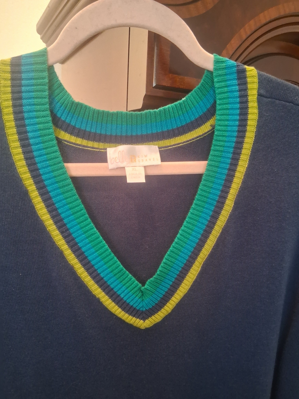 Belle by Kim Gravel Navy Sweater with Teal & Lime Trim
